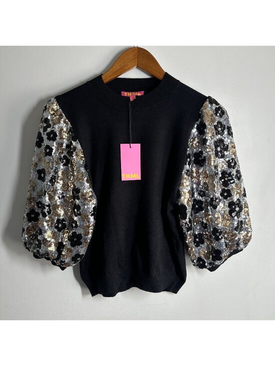 THML Tops - THML XS Black Knit Sweater Gold Silver Sequin Floral Balloon Sleeve Top